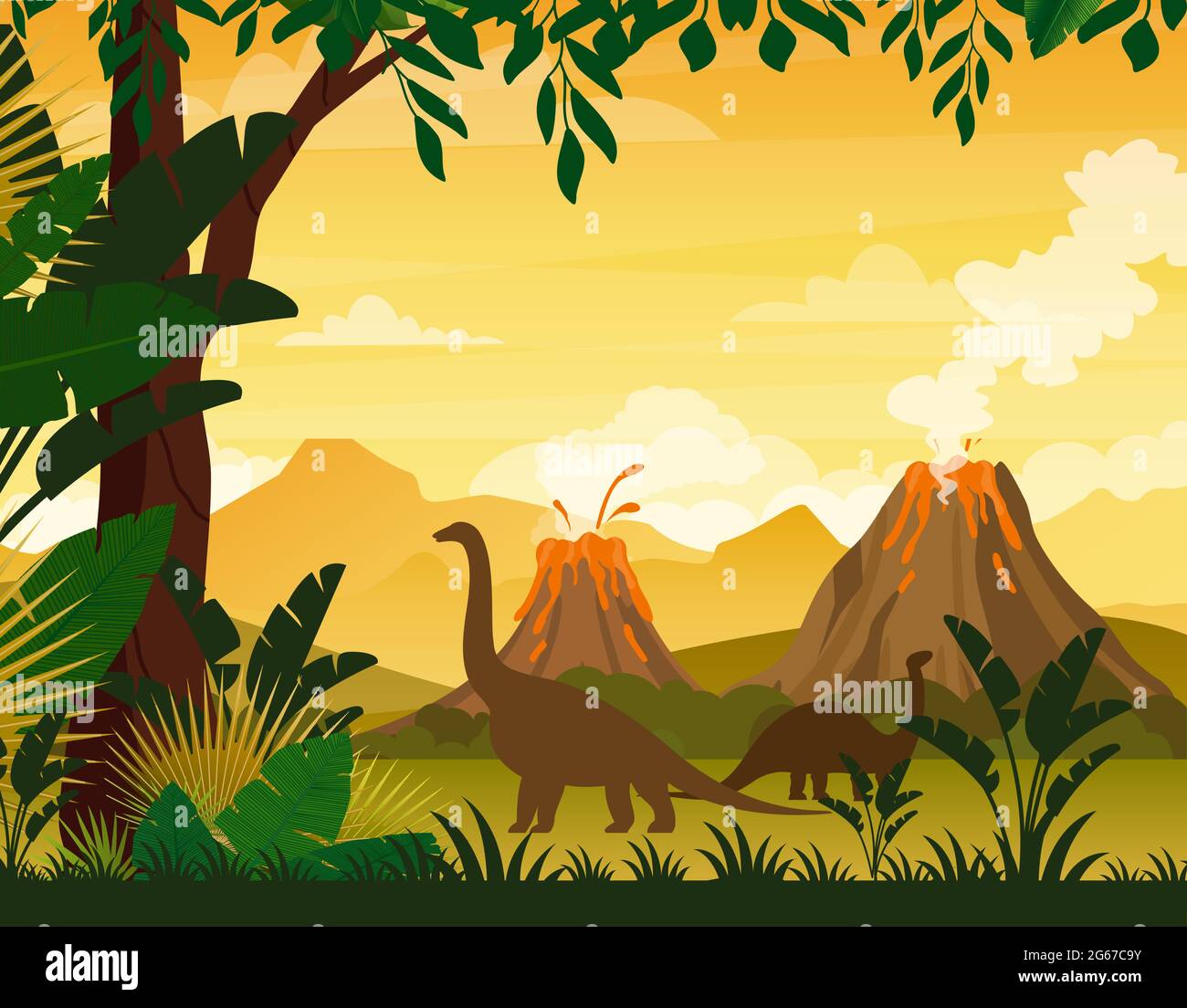 Illustrazione vettoriale di splendidi paesaggi preistorici e dinosauri. Alberi tropicali e piante, montagne con vulcano in stile piano cartone animato. Illustrazione Vettoriale