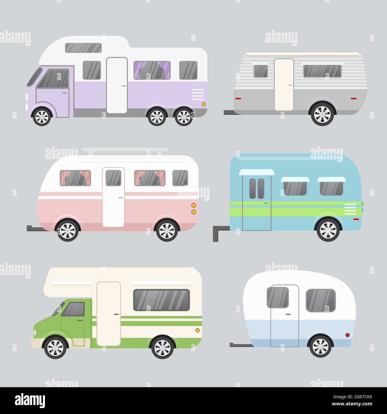 Set di illustrazioni vettoriali di rimorchi da campeggio. Concetto di casa mobile di viaggio isolato su sfondo grigio chiaro in stile cartoon piano e colori pastello. Illustrazione Vettoriale