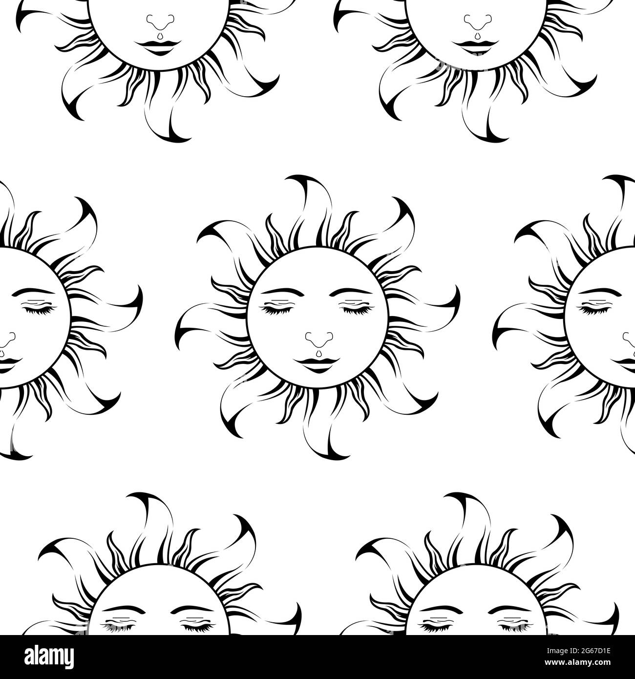 Lord Sun con occhi chiusi - Scroll Saw, Intarsia, T Shirt design, Wall sticker, Tattoo o goffratura arte è in Seamless Pattern Illustrazione Vettoriale