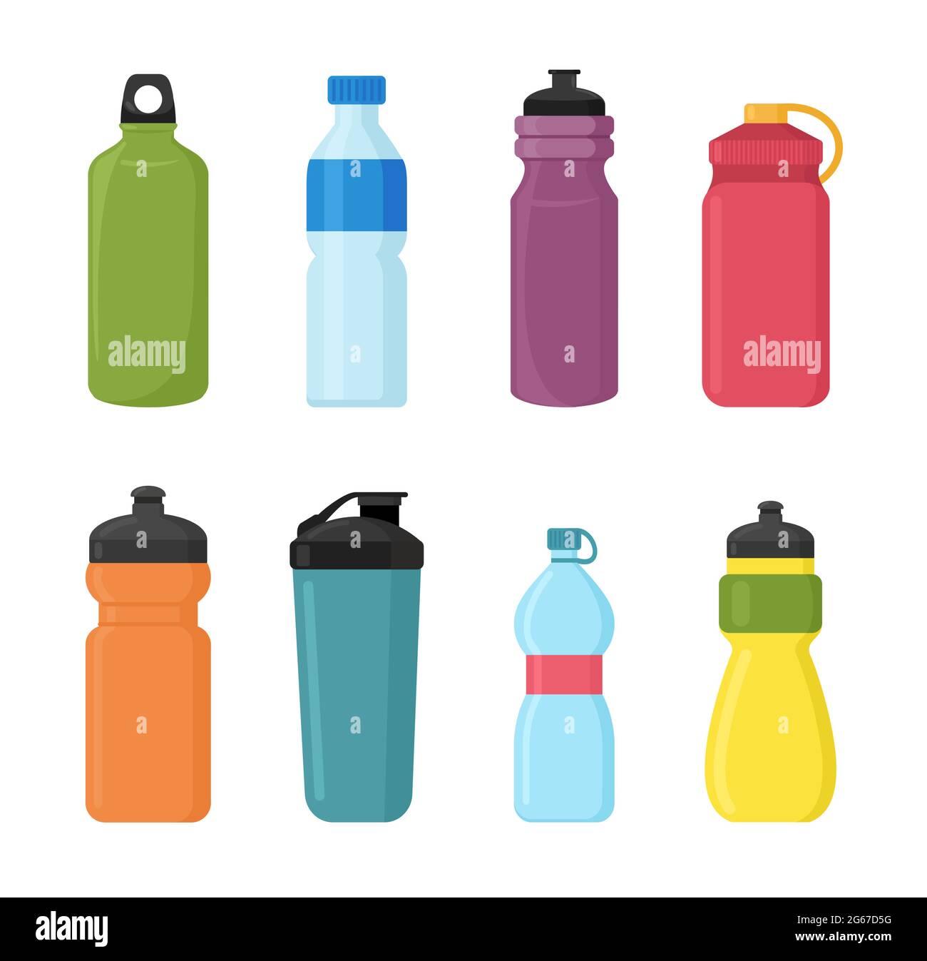 Illustrazione vettoriale Set di bottiglie di plastica per biciclette per acqua in diversi shaps e colori. Bottiglie d'acqua contenitore per lo sport. Naturale e sano Illustrazione Vettoriale