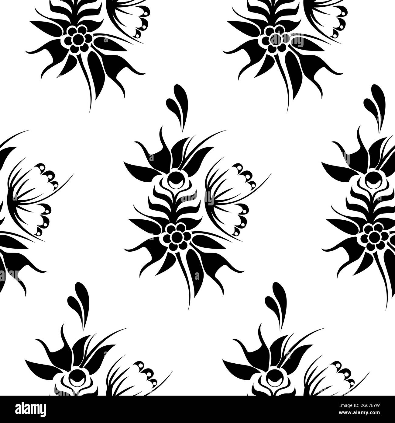 Fiore disegno senza giunture con rami floreali astratti con farfalle volanti, foglie, fiori in fiore e bacche. Illustrazione Vettoriale