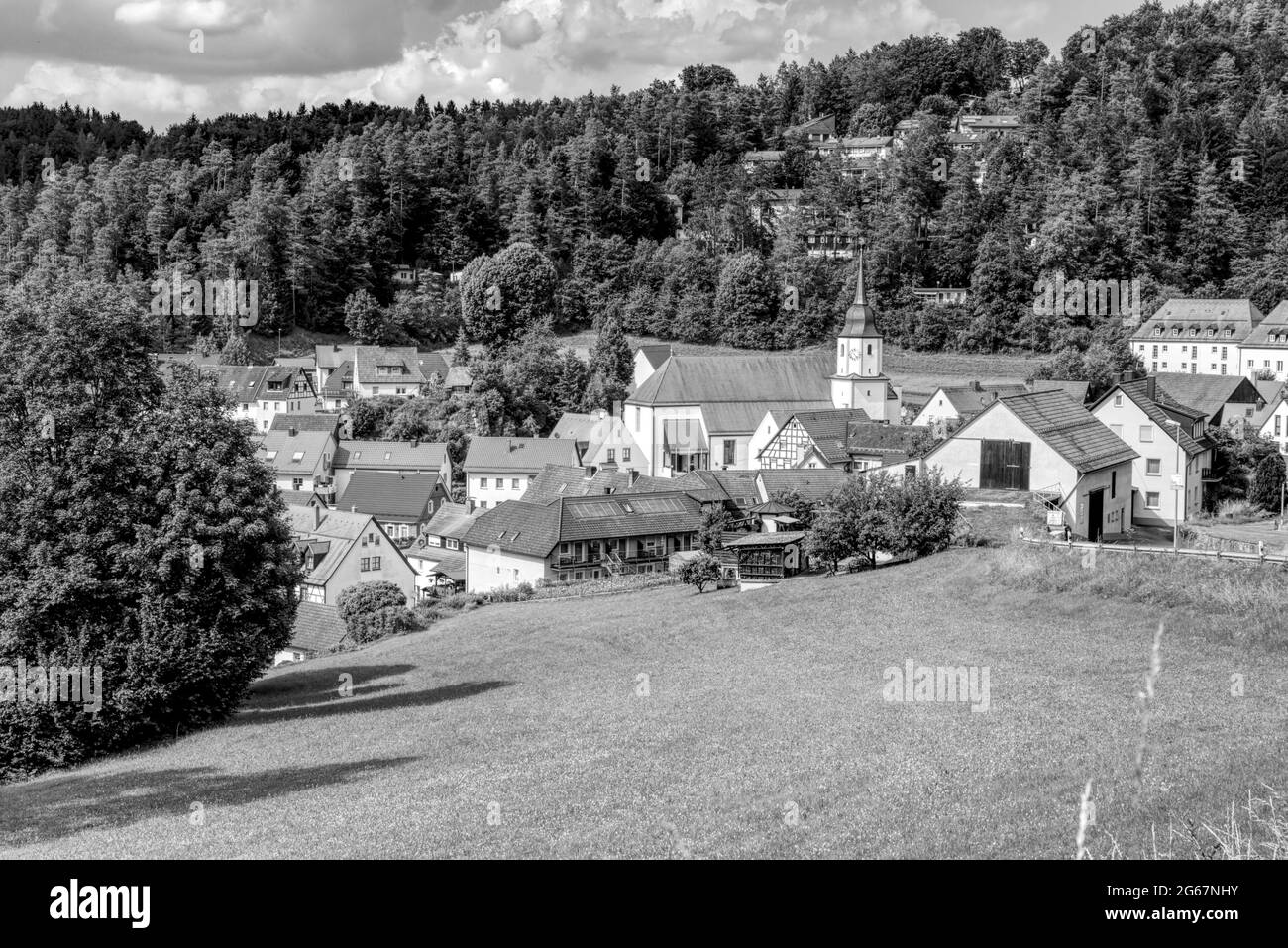 vista panoramica di un villaggio nei boschi in bianco e nero Foto Stock