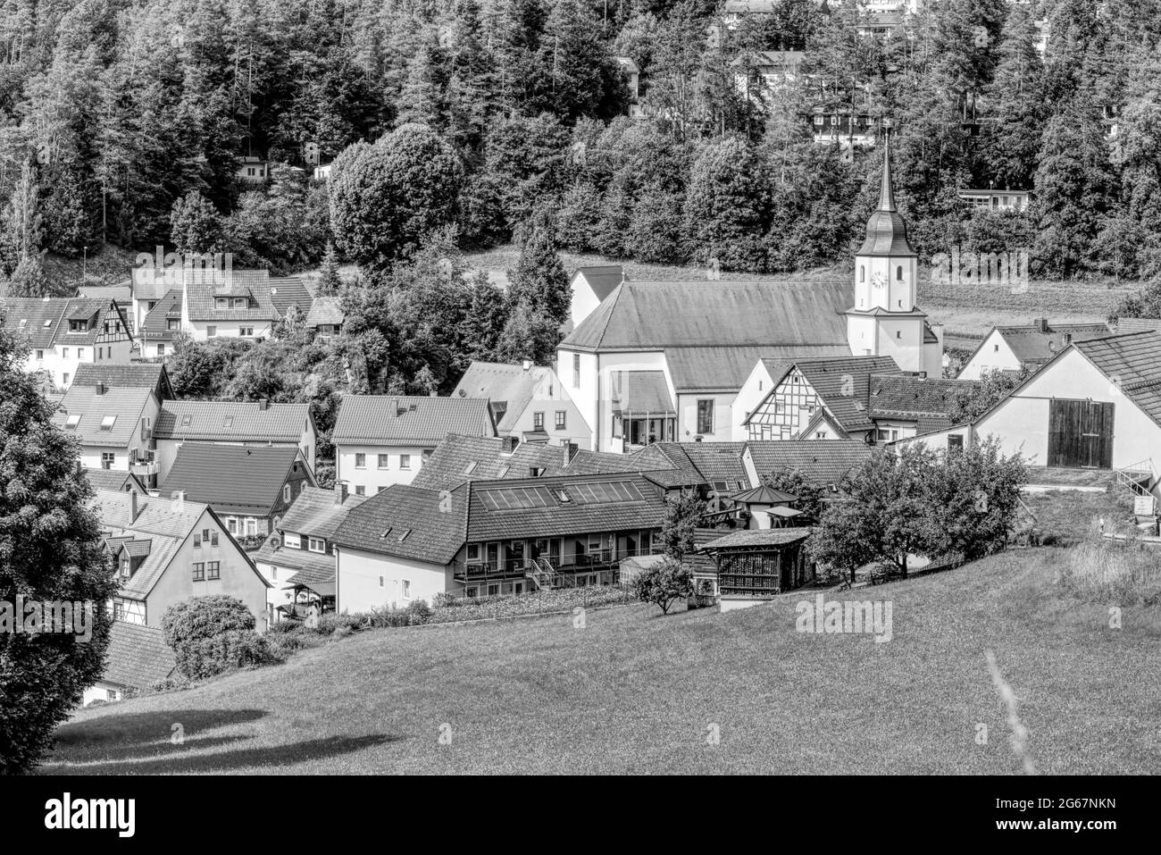 vista panoramica di un villaggio nei boschi in bianco e nero Foto Stock
