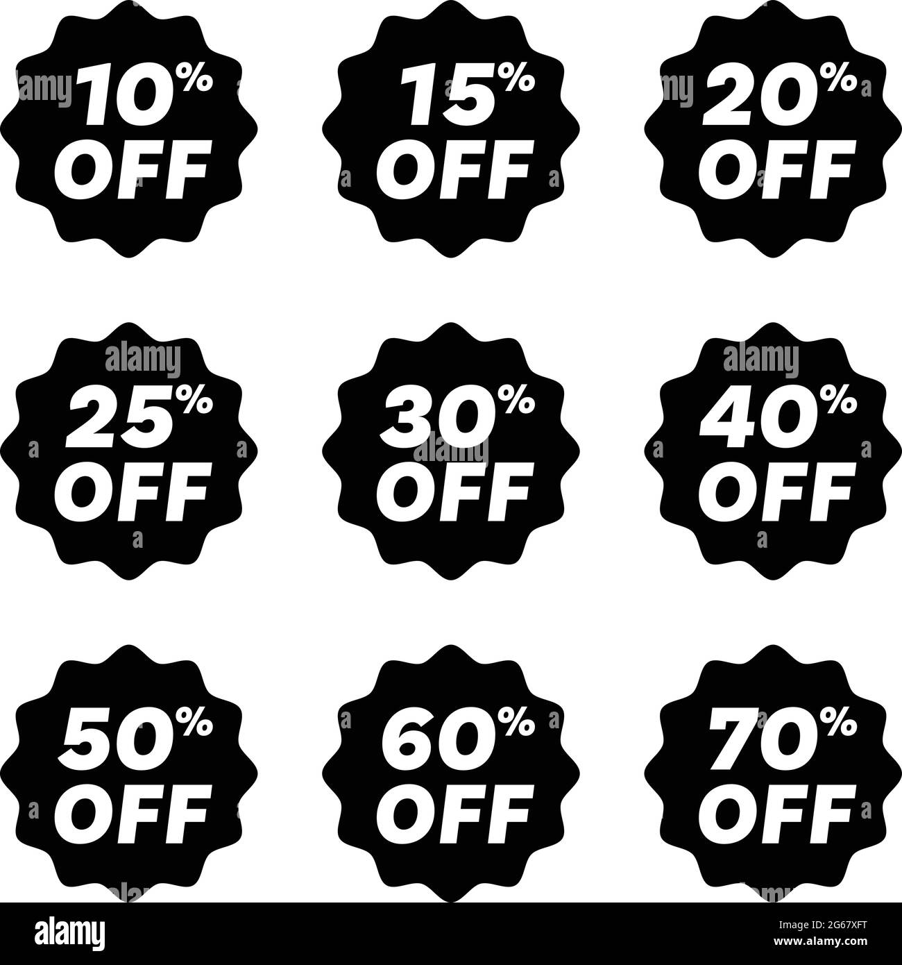 Etichette autoadesive nere con diversi sconti. Fregio adesivo di vendita in liquidazione. Collezione di etichette in promo nero isolate su vettore bianco Illustrazione Vettoriale