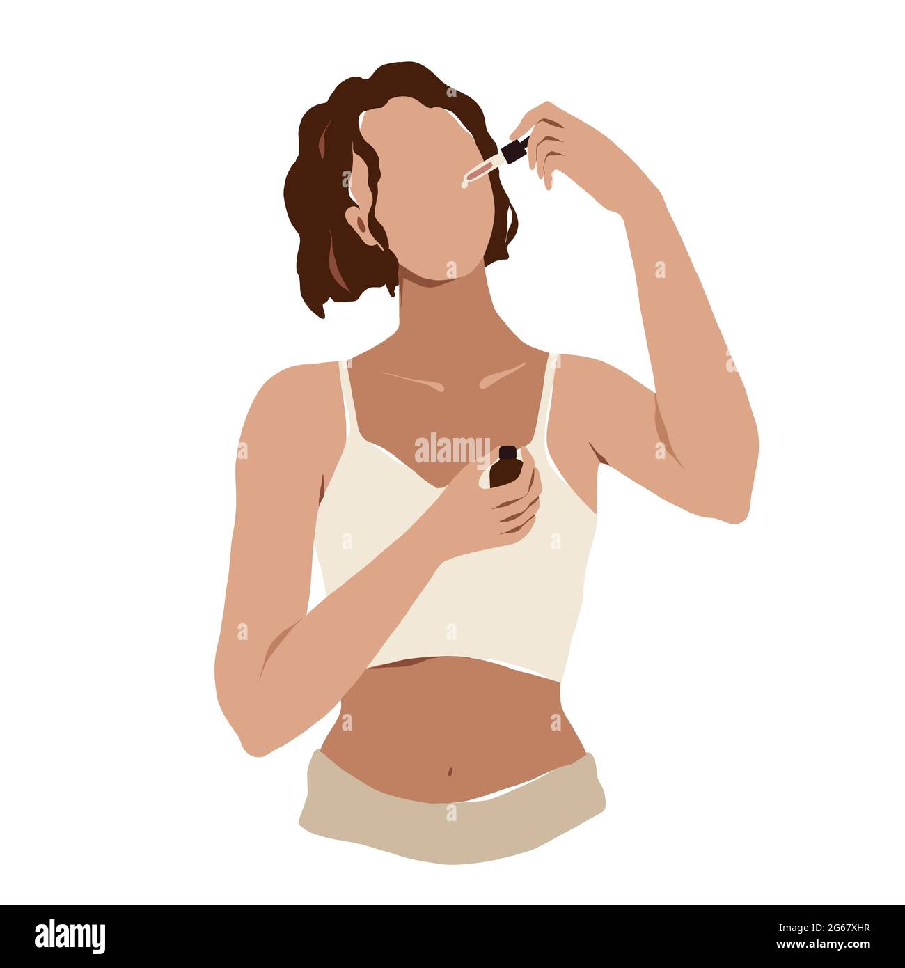 Donna che applica il siero sul viso con una pipetta. Rituale di cura della pelle del viso. Le giovani donne caucasiche attraenti applicano il trattamento della pelle, vettore astratto Illustrazione Vettoriale