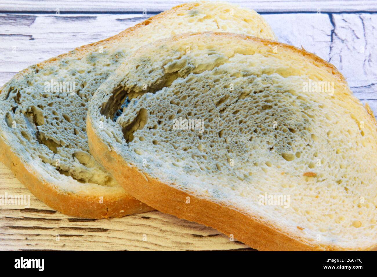 Muffa che cresce rapidamente su pane ammuffito su sfondo di legno. Muffa su una fetta di pane. Pane raffermo, coperto di muffa. Foto Stock