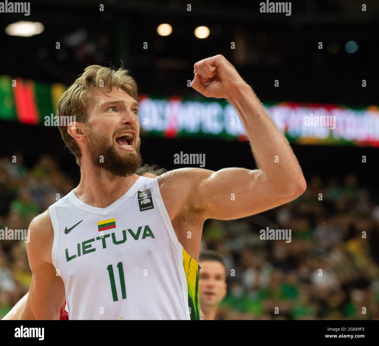 Kaunas, Lituania. 3 luglio 2021. Domantas Sabonis della Lituania reagisce durante la partita semifinale di basket del torneo olimpico FIBA di QUALIFYNG tra Lituania e Polonia a Kaunas, Lituania, 3 luglio 2021. Credit: Alfredas Pliadis/Xinhua/Alamy Live News Foto Stock
