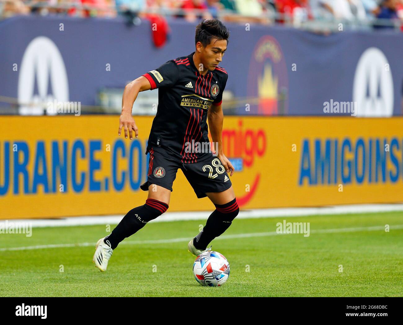 Chicago, USA, 03 luglio 2021. Major League Soccer (MLS) Atlanta United FC Tyler Wolff (28) gestisce la palla contro il Chicago Fire FC al Soldier Field di Chicago, Illinois, USA. Chicago ha vinto 3-0. Credit: Tony Gadomski / All Sport Imaging / Alamy Live News Foto Stock