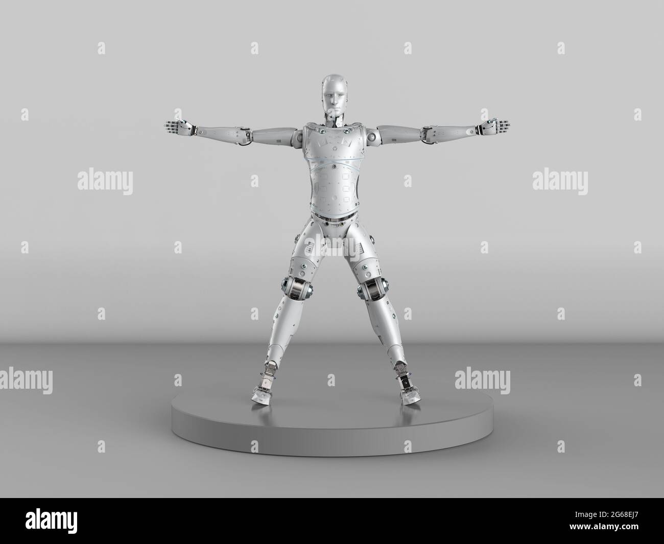 rendering 3d di robot vitruviano o cyborg su sfondo grigio Foto Stock