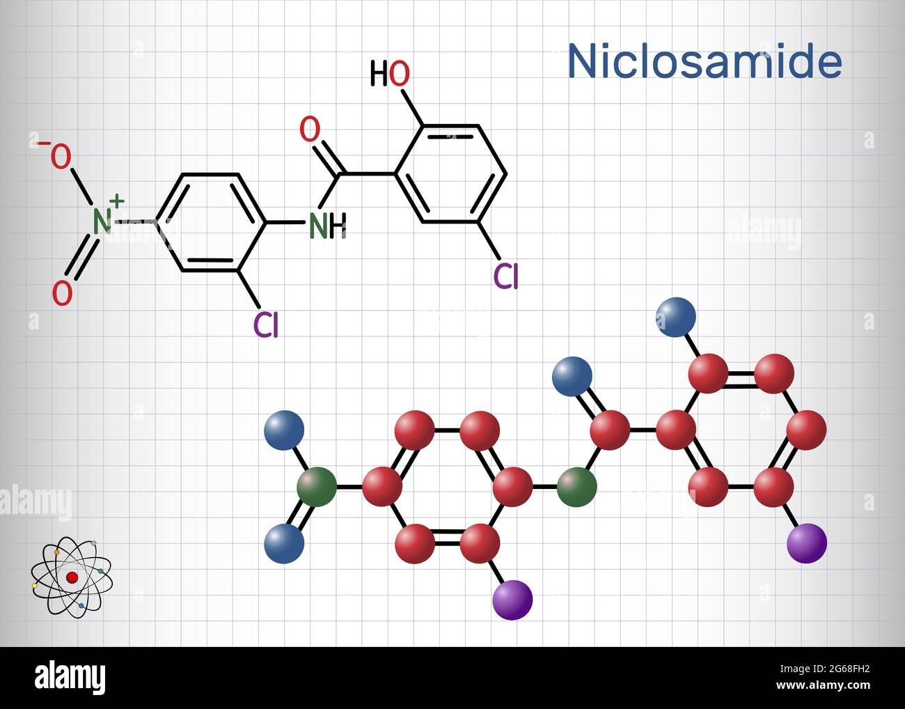 Molecola di Nicolosamide. Si tratta di salicilanilide clorurato, farmaco antielmintico per il trattamento delle infezioni da tapiworm. Formula chimica strutturale e. Illustrazione Vettoriale