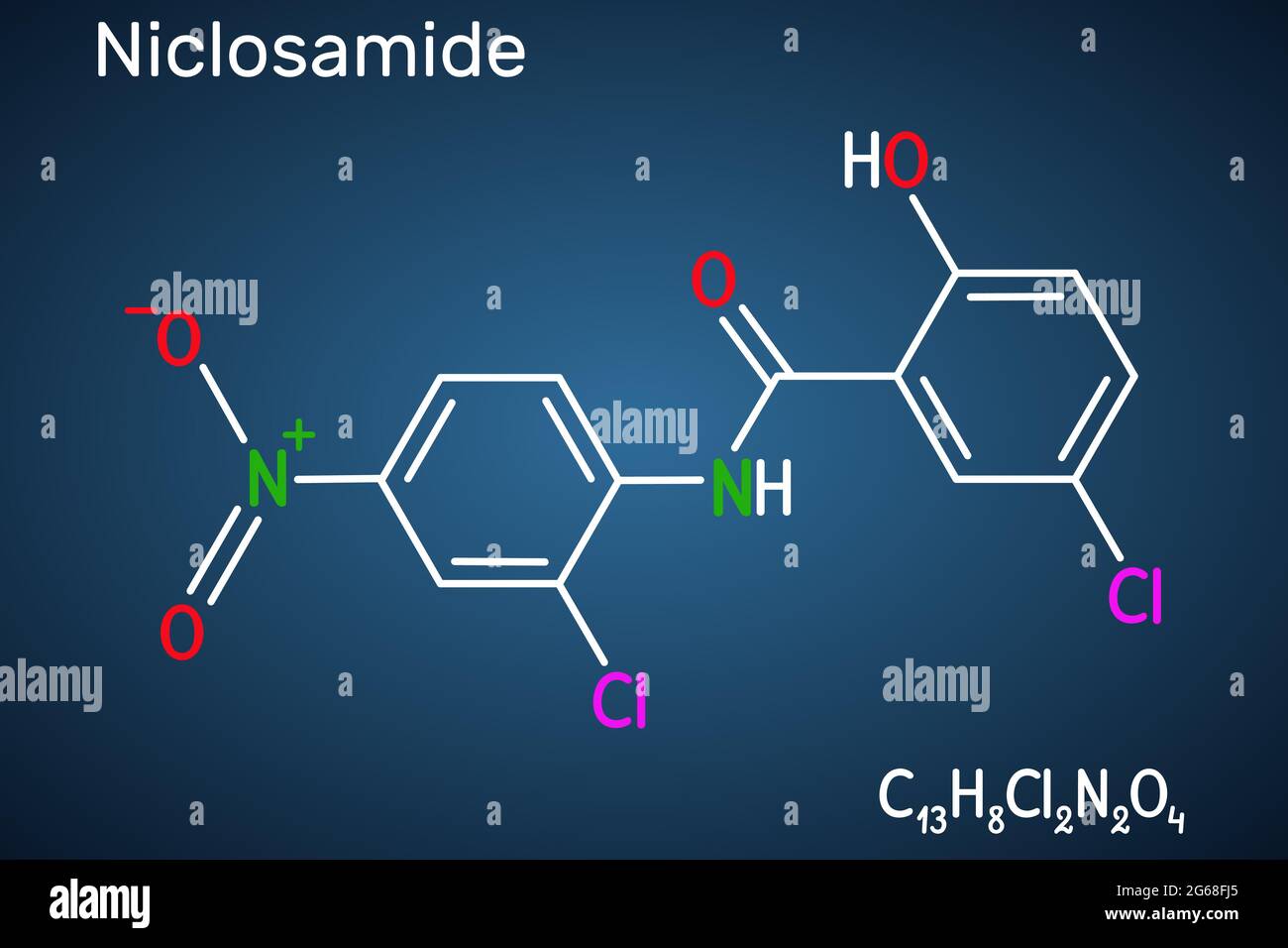 Molecola di Nicolosamide. Si tratta di salicilanilide clorurato, farmaco antielmintico per il trattamento delle infezioni da tapiworm. Formula chimica strutturale ON Illustrazione Vettoriale