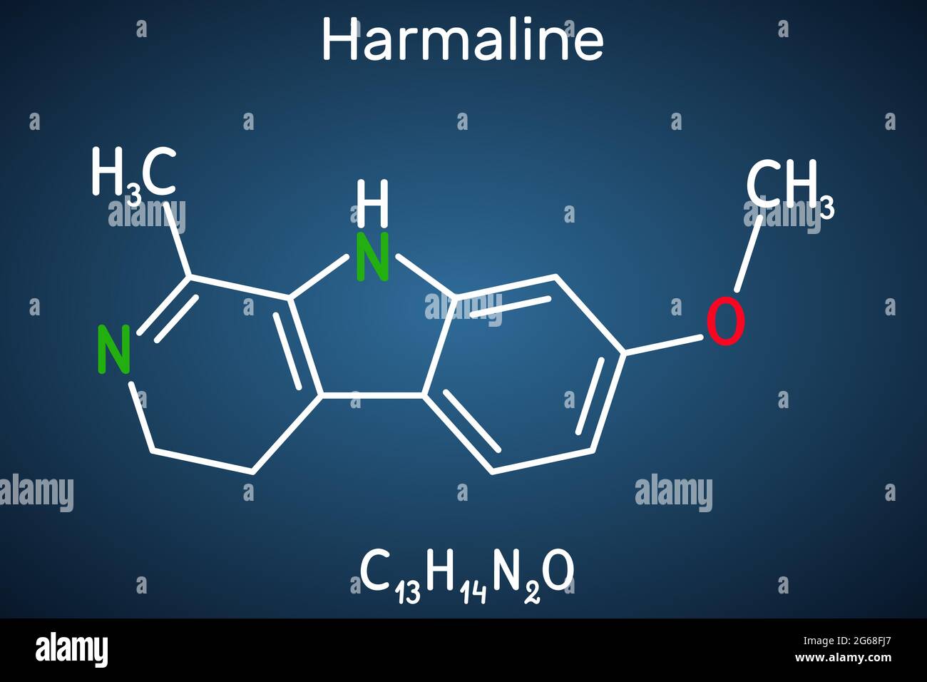 Molecola di harmalina. È un alcaloide indolico fluorescente. Formula chimica strutturale su sfondo blu scuro Illustrazione Vettoriale