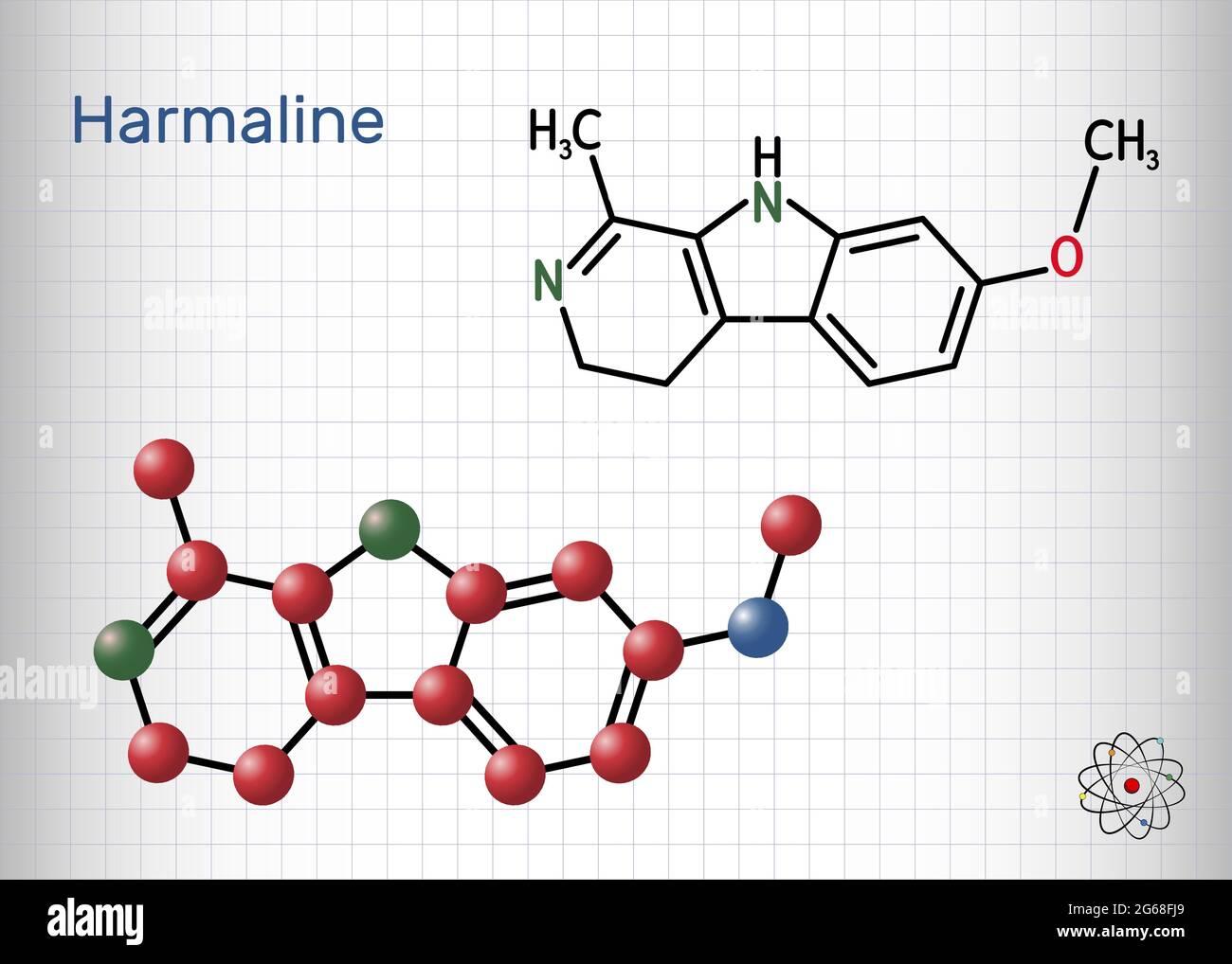Molecola di harmalina. È un alcaloide indolico fluorescente. Formula chimica strutturale e modello molecolare. Foglio di carta in gabbia Illustrazione Vettoriale