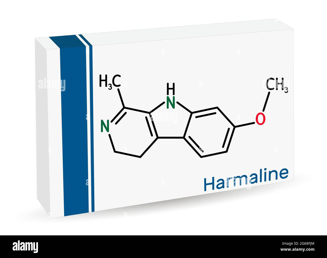 Molecola di harmalina. È un alcaloide indolico fluorescente. Formula chimica scheletrica. Imballaggio di carta per droghe. Illustrazione Vettoriale