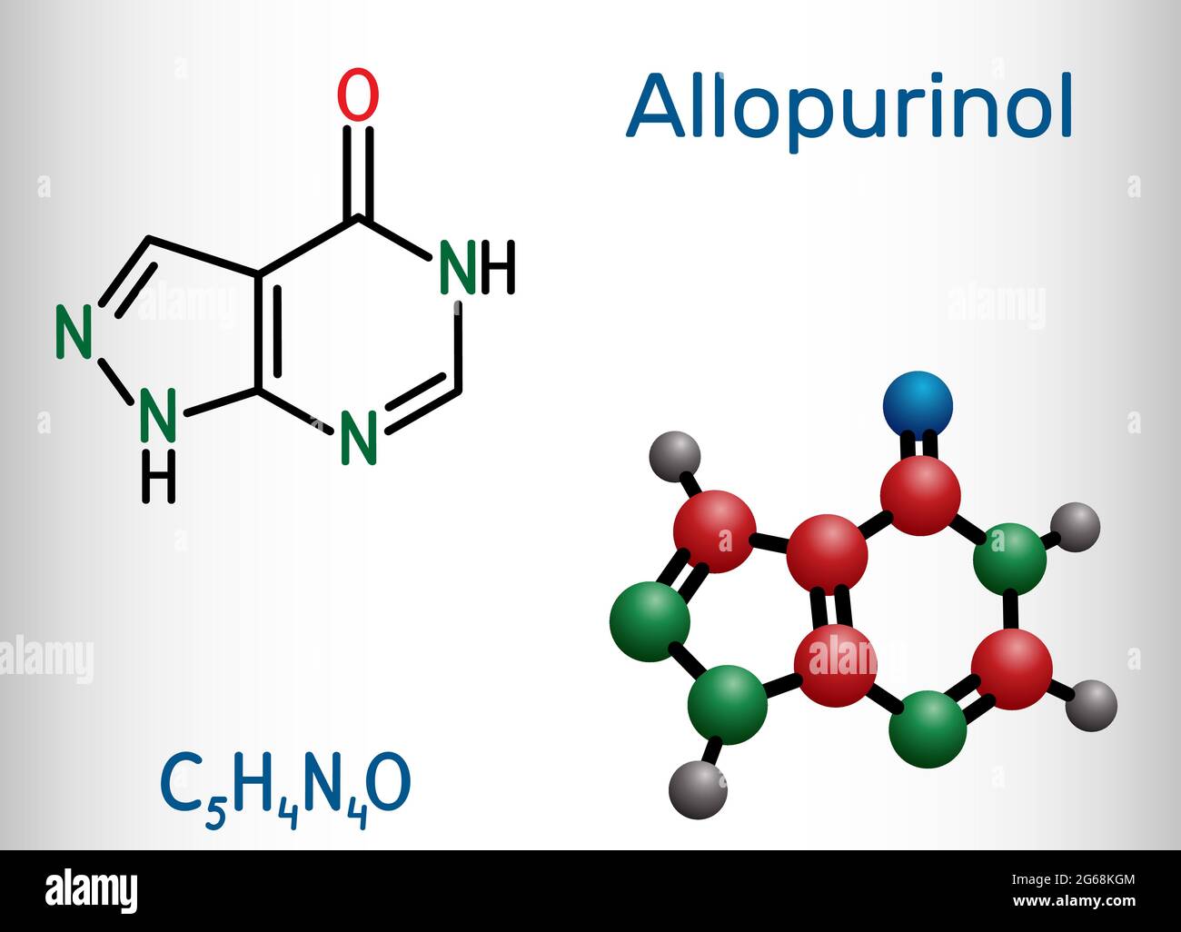 Molecola di allopurinolo. Il farmaco è inibitore della xantina ossidasi, usato per diminuire i livelli elevati di acido urico nel sangue. Formula chimica strutturale e modello molecolare Illustrazione Vettoriale