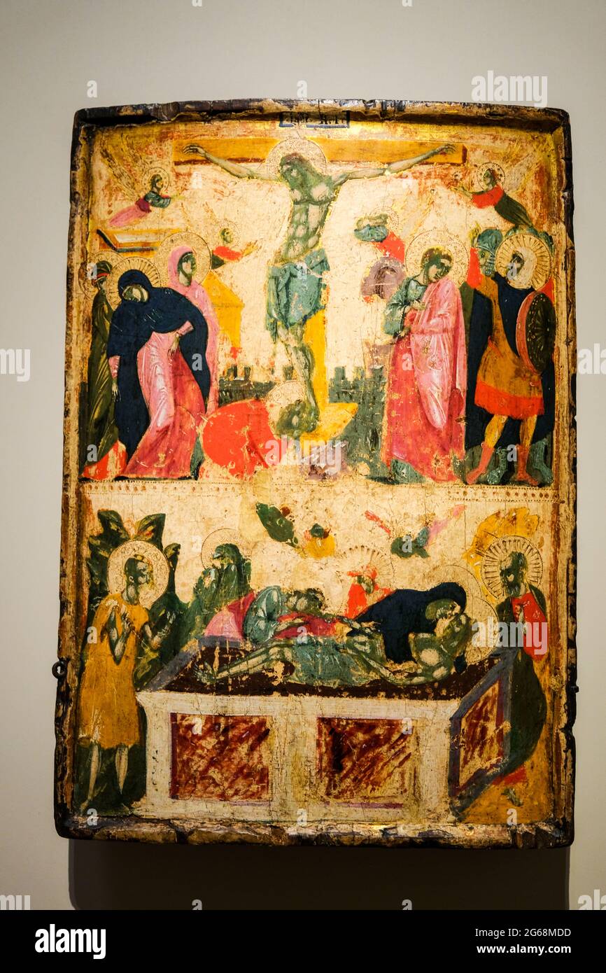Crocifisso e deposizione di una tempera sulla pittura a legno appesa alla Galleria Estense di Modena Italia Foto Stock