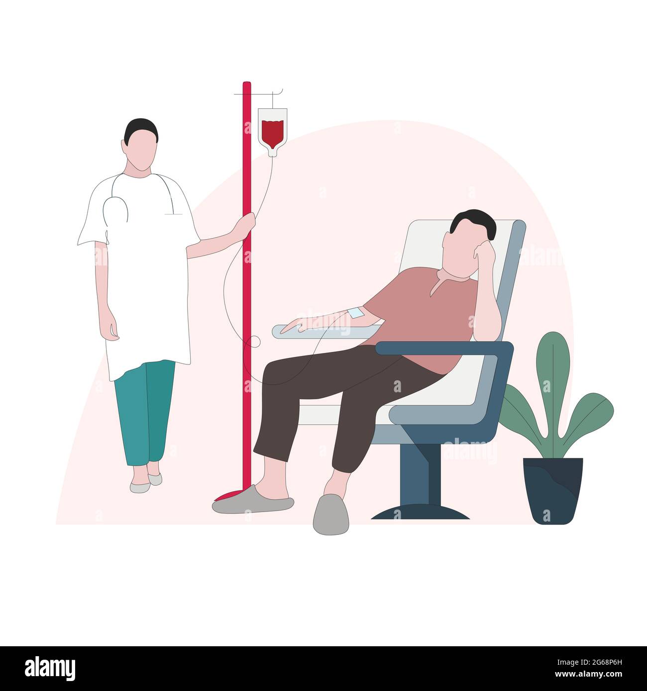 Vettore di concetto di donazione di sangue, processo di trasfusione di plasma. Illustrazione donatore di fornire sangue per la vita sicura, paziente fare esami del sangue per controllare la salute, persona Illustrazione Vettoriale