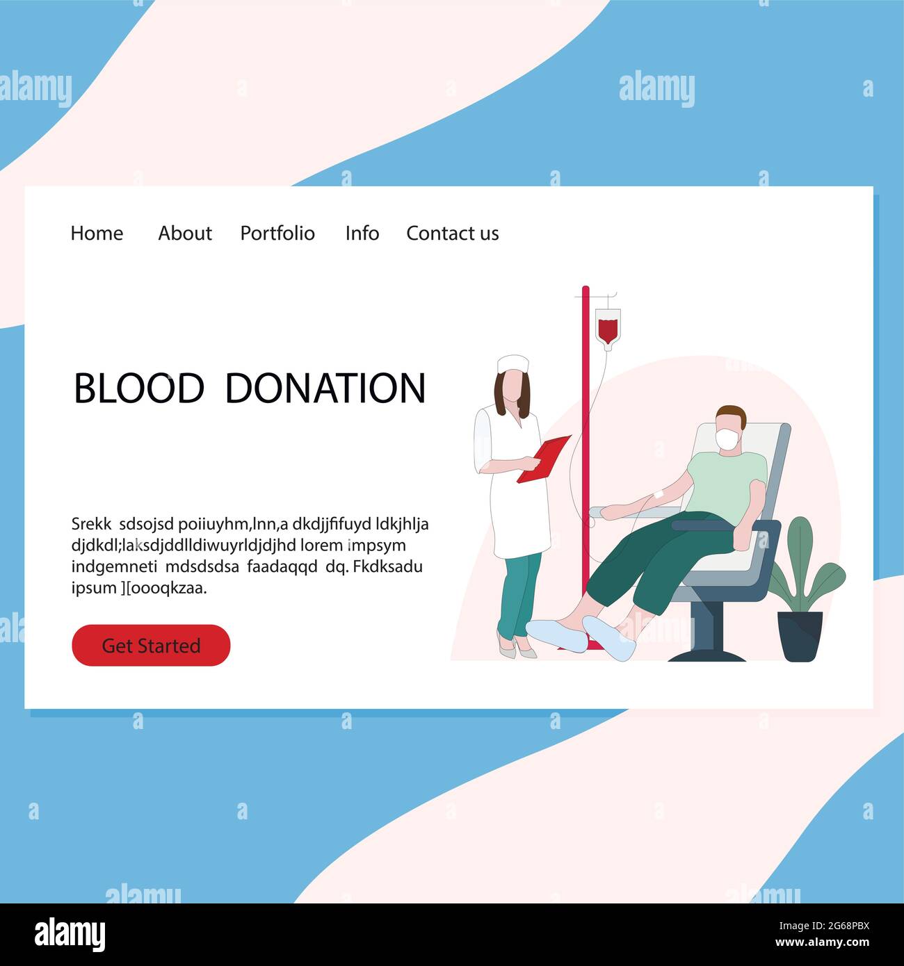 Servizio di donazione di sangue pagina web. Il personale infermieristico raccoglie il plasma sanguigno per aiutare i pazienti e salvare vite umane. Sanità e sangue trasfusionale, laboratorio Blo Illustrazione Vettoriale