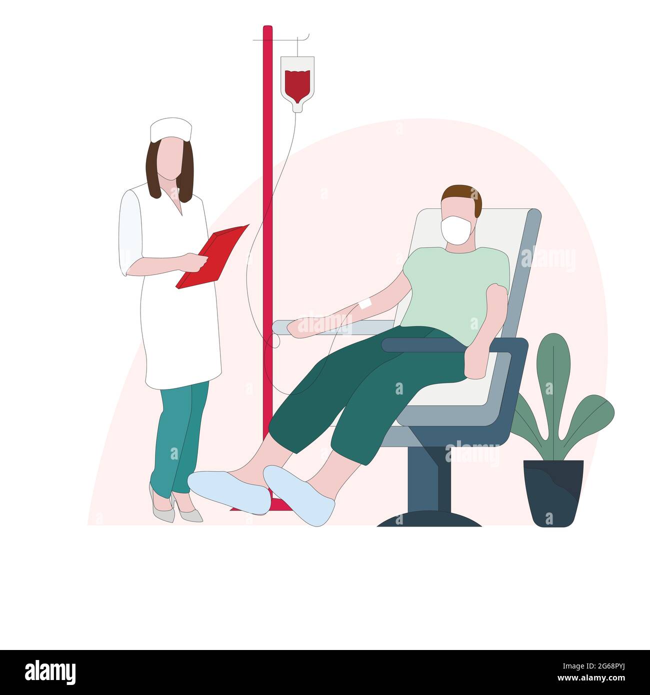 Donazione di sangue per trasfusione immediata, trattamento di emergenza. Donatore vettore goccia donazione, paziente in clinica, infermiera persona prendere plasma per laboratorio Illustrazione Vettoriale