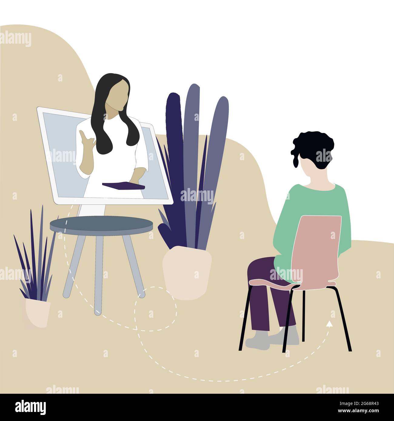 Consultazione mentale online e psicoanalisi remota, aiuto dello psicologo, discussione con lo psichiatra, conversazione psicologica risolvere il problema, ps Illustrazione Vettoriale