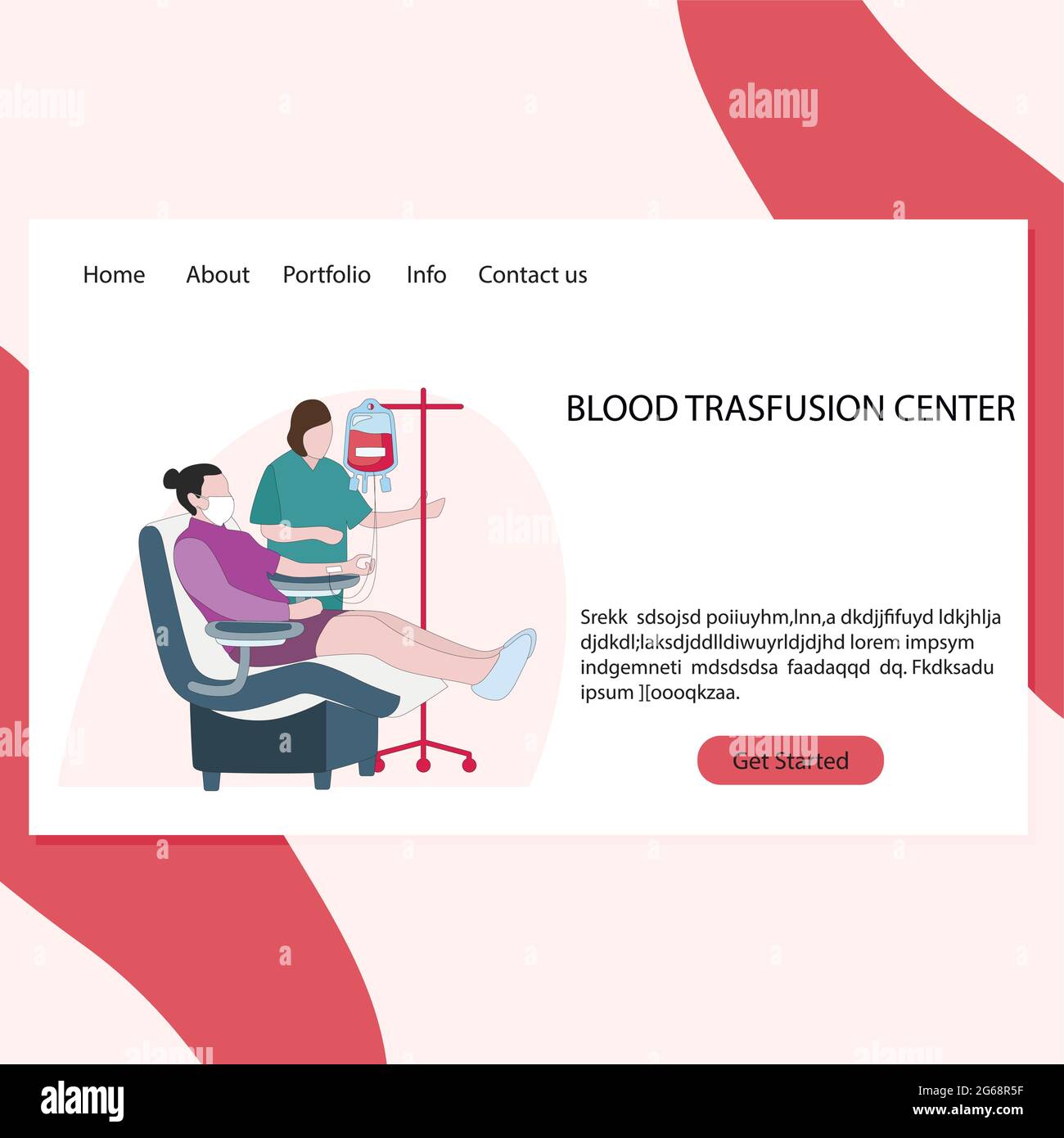 Landing page centro trasfusione di sangue, clinica di laboratorio vettoriale, medicina sanguinosa, flebo e dare plazma, illustrazione sana donazione Illustrazione Vettoriale