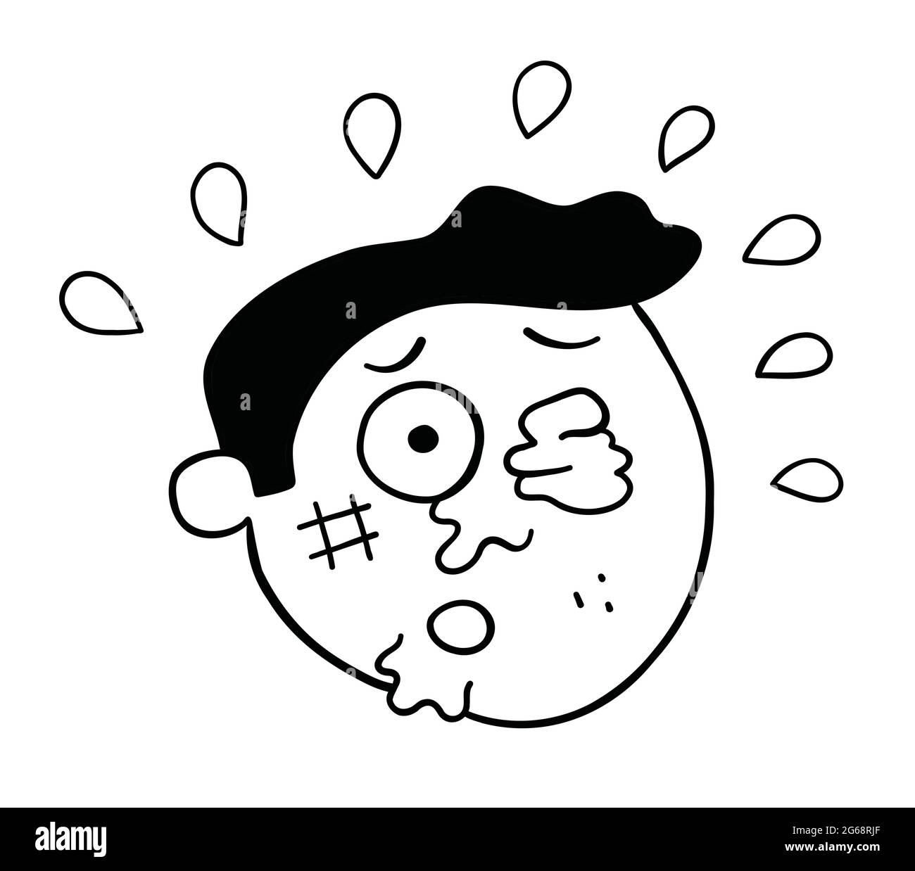 Cartoon testa uomo picchiata, illustrazione vettoriale. Contorno nero e colore bianco. Illustrazione Vettoriale