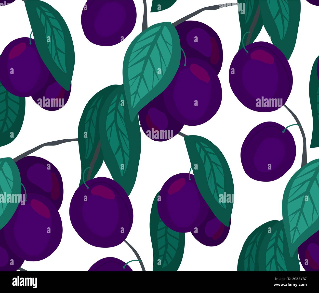 Struttura piatta senza cuciture con prugne sui rami con fogliame su sfondo bianco. Disegno di cartone animato con frutta sui gambi. Carta da parati disegnata a mano con frutti di bosco Illustrazione Vettoriale