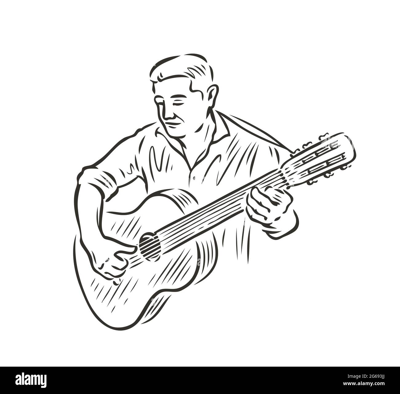 Uomo che suona la chitarra. Concetto musicale in stile vintage sketch Illustrazione Vettoriale