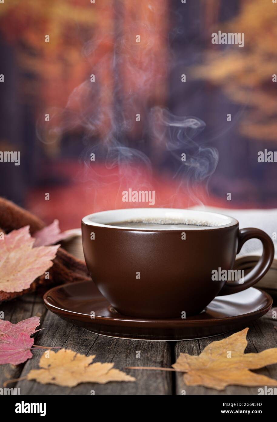 Closeup di una tazza calda fumante di caffè all'aperto su un rustico tavolo di legno con sfondo autunno Foto Stock