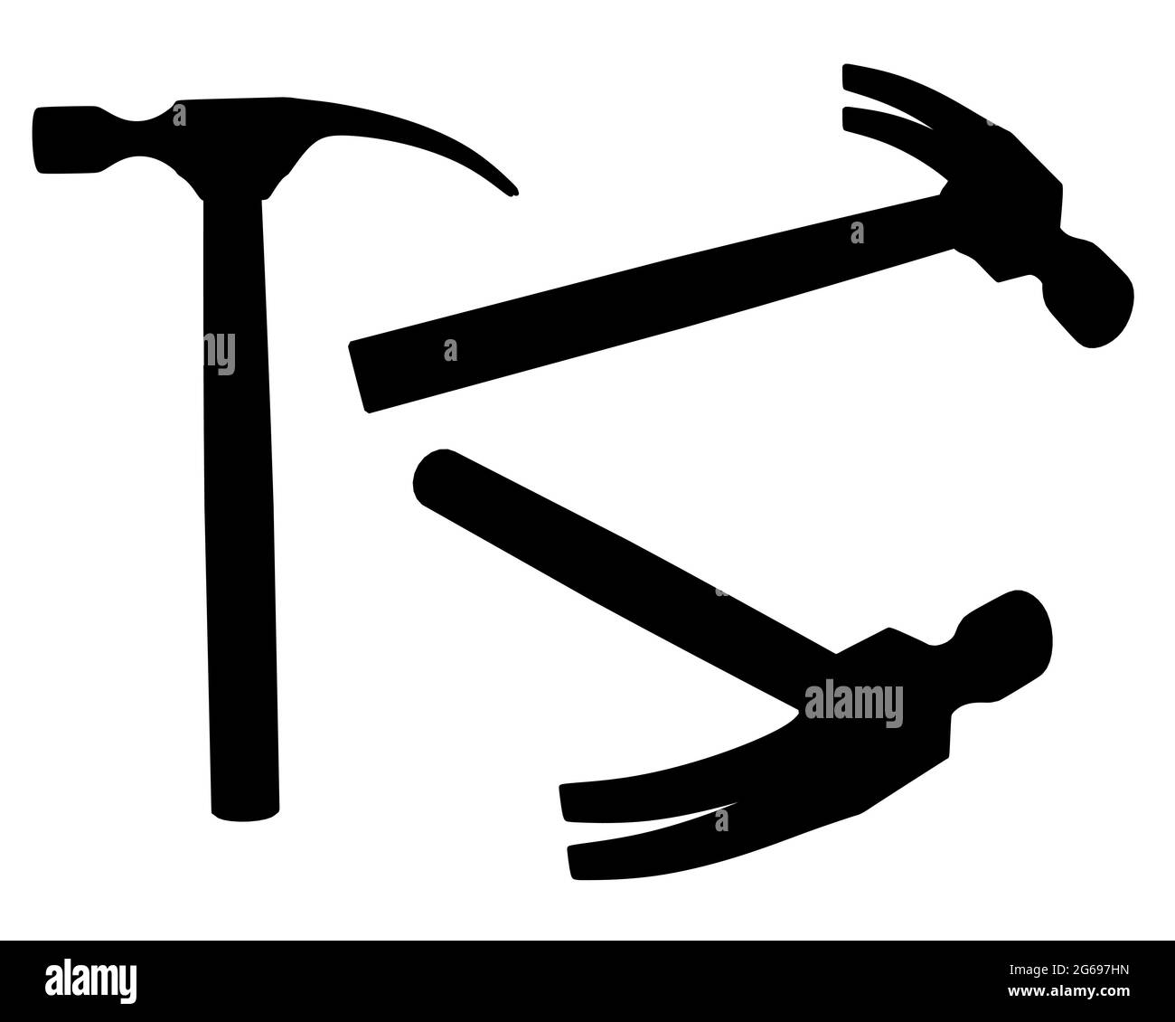 Set con sagome di un martello in diverse posizioni isolate su sfondo bianco. Illustrazione vettoriale. Illustrazione Vettoriale
