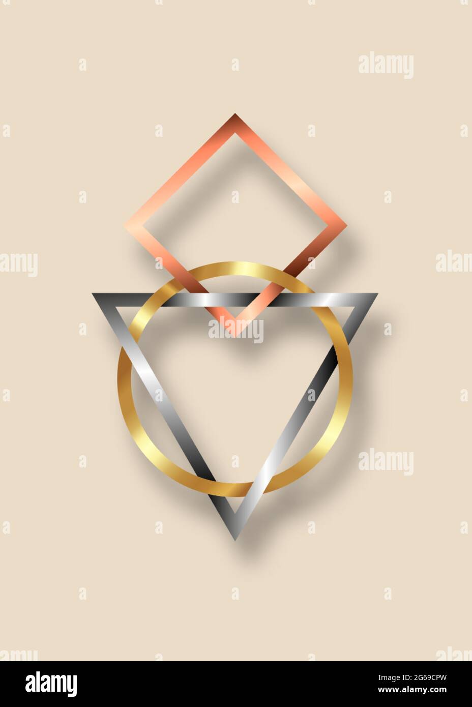 Geometria sacra, triangolo geometrico metallico, logo cerchio e quadrato. Oro, bronzo e Argento simbolo di armonia e equilibrio. Vettore isolato Illustrazione Vettoriale