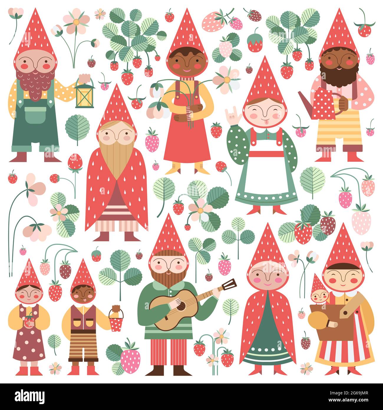 Strawberry Garden Gnomes e Elves Society Illustrazione Vettoriale