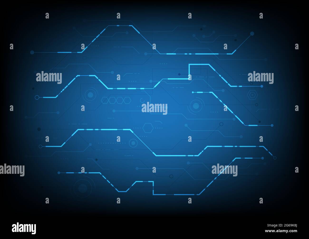 Trasferimento dati traccia PCB. Tecnologia high-tech in background digitale. Scheda a circuito stampato Illustrazione Vettoriale
