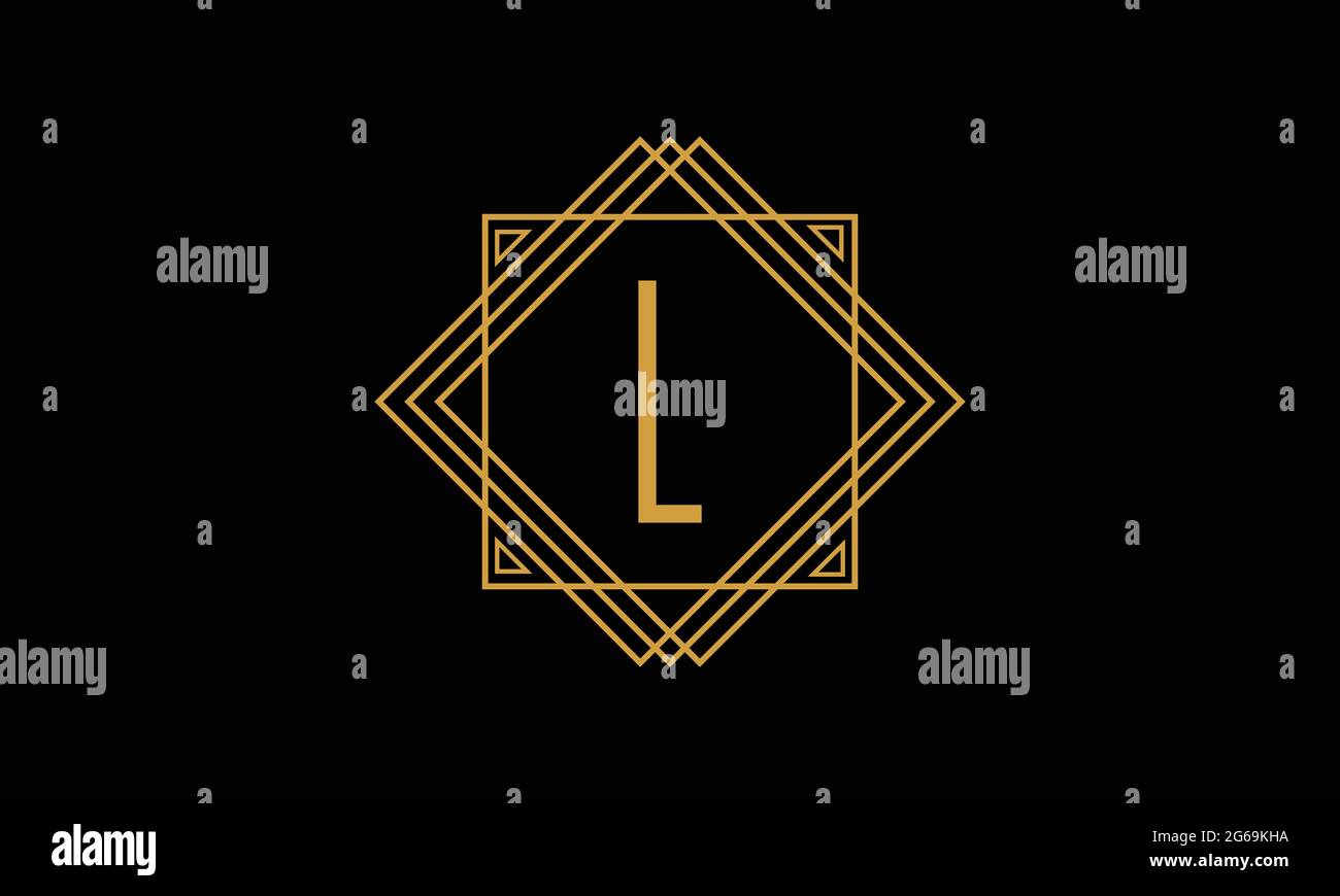 Logo Letter L art deco minimalistico di colore oro isolato su sfondo nero con cornice quadrata Illustrazione Vettoriale