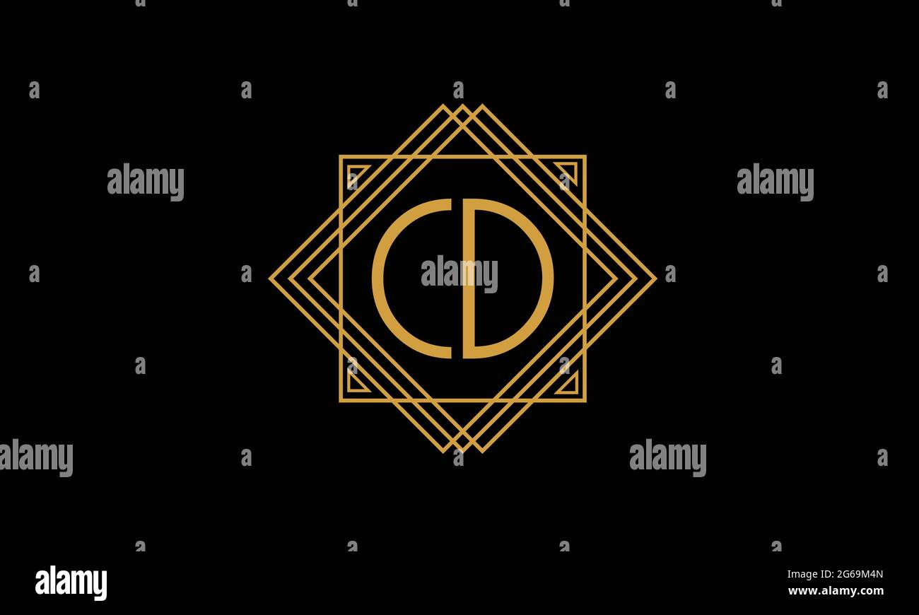 Connected joint Letters C e D Logo Art deco minimalistico di colore oro isolato su sfondo nero con cornice quadrata Illustrazione Vettoriale