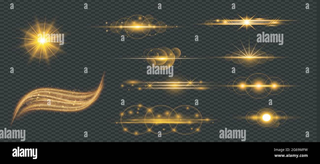 Set di luci a stella dorate brillanti. Illustrazione Vettoriale