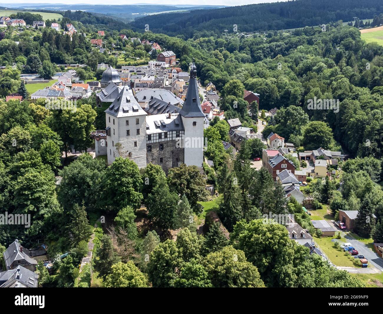Vista sul Castello di Mylau a Vogtland Foto Stock
