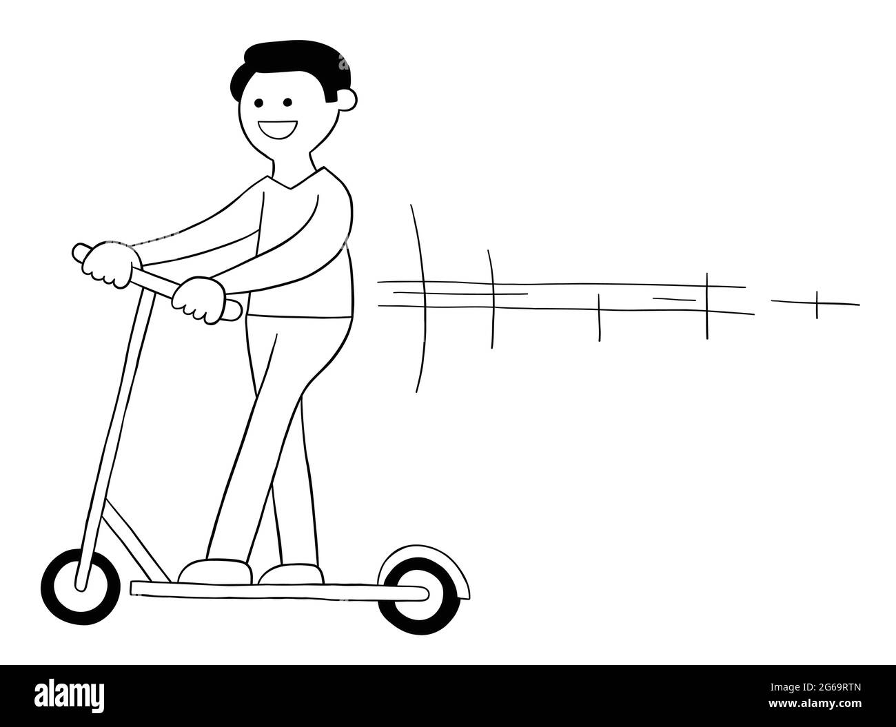 Cartone animato uomo guida scooter elettrico, illustrazione vettoriale. Contorno nero e colore bianco. Illustrazione Vettoriale