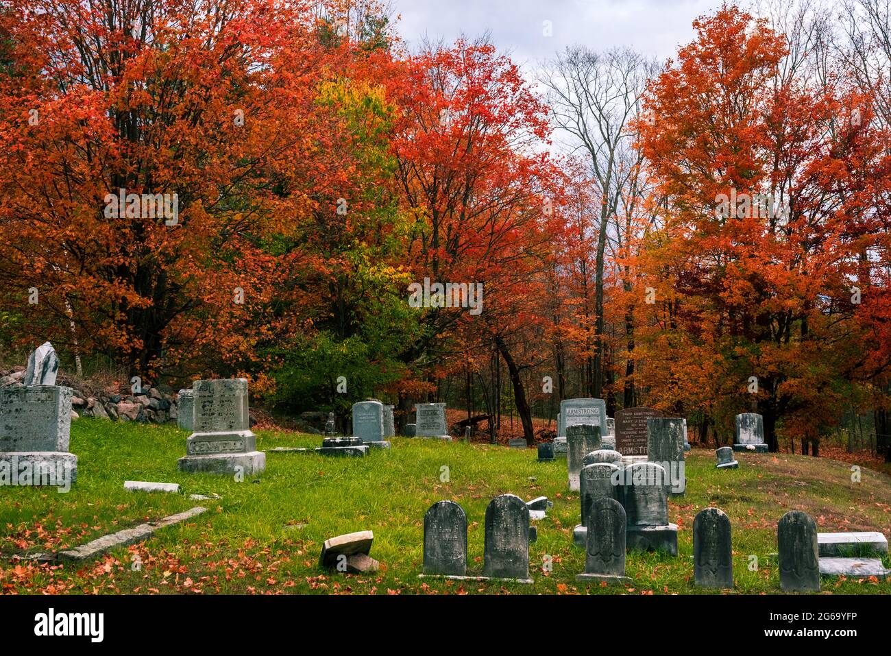 Cimitero durante l'autunno fogliame Foto Stock