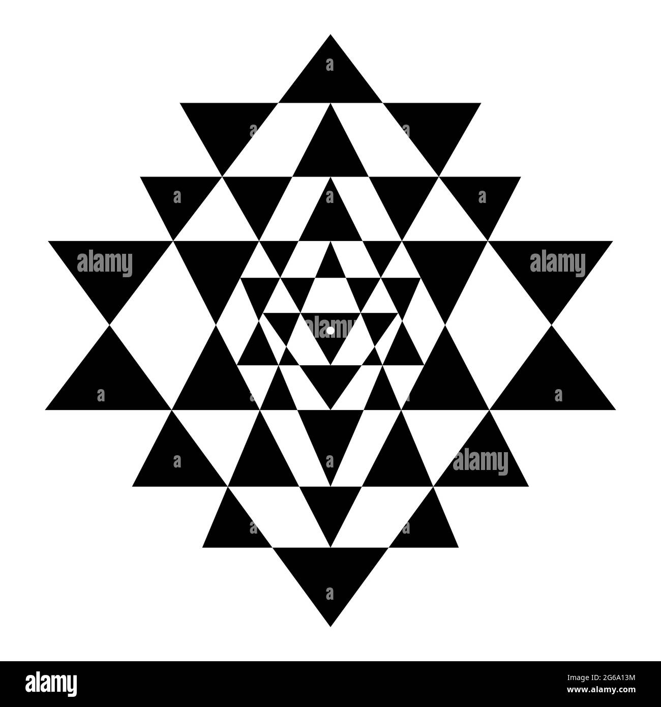 Triangoli di Shri Yantra, chiamati anche Sri Yantra o Shri Chakra. Quarantatre triangoli neri di un mistico diagramma indù, con il punto centrale Bindu Foto Stock