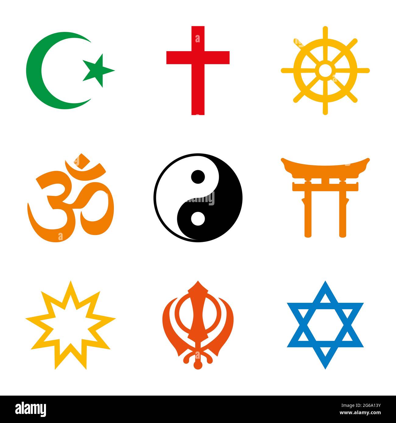 Religioni del mondo, nove simboli colorati dei principali gruppi religiosi e religioni. Islam, Cristianesimo, Buddismo, Induismo, Taoismo, Shinto, fede Bahai. Foto Stock
