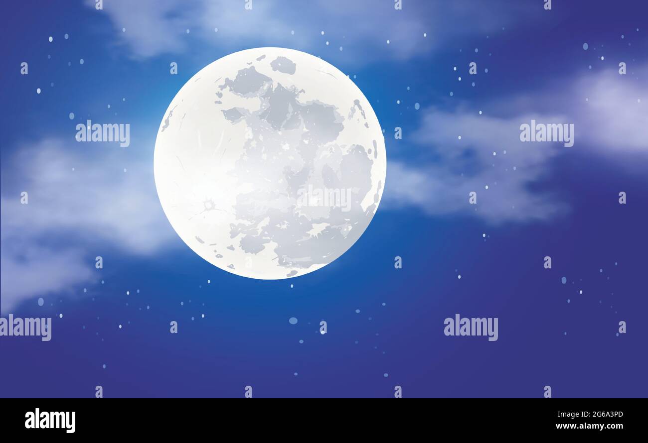 Luna piena con stelle ، cielo nero scuro di notte, illustrazione 3d. Illustrazione Vettoriale