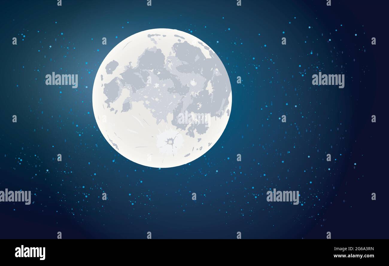 Luna piena con stelle ، cielo nero scuro di notte, illustrazione 3d. Illustrazione Vettoriale