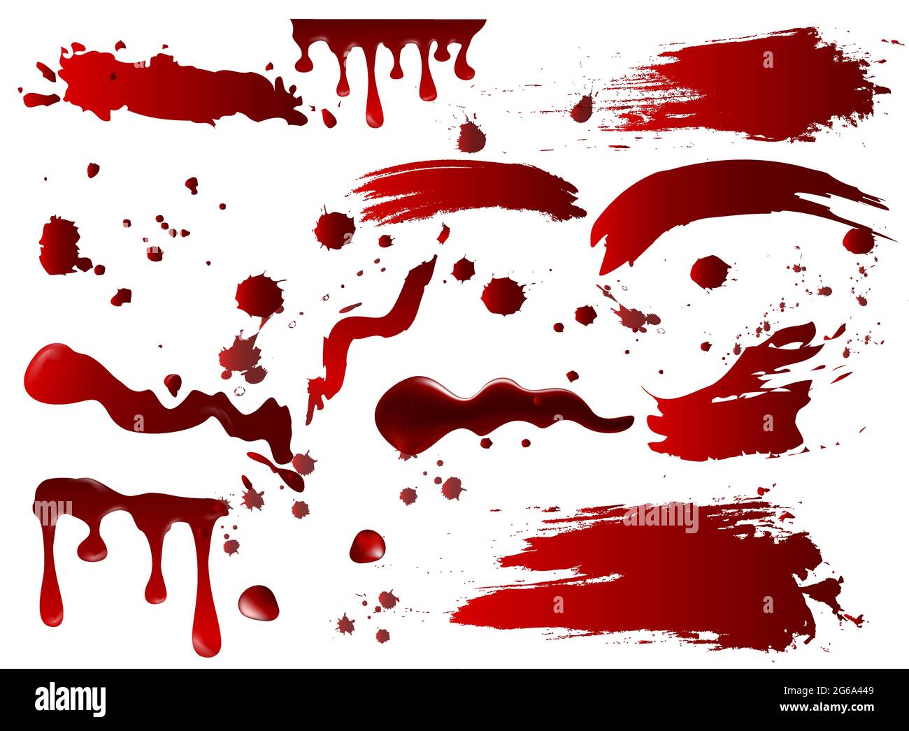 Raccolta di illustrazioni vettoriali vari schizzi e macchie di vernice rossa o di sangue, elementi concettuali di Halloween isolati su sfondo bianco. Illustrazione Vettoriale