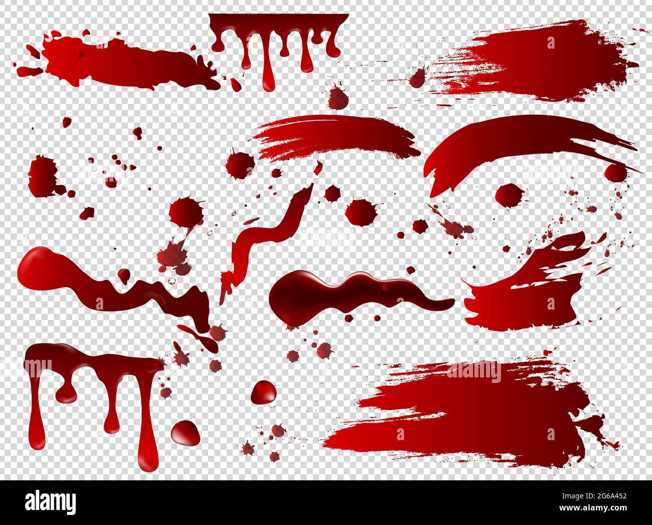 Illustrazione vettoriale Set di macchie di sangue, sbavature, vernice rossa rovesciata, spruzzi di vernice. Halloween Concept, inchiostro o sfondo di schizzi di sangue, isolato su Illustrazione Vettoriale