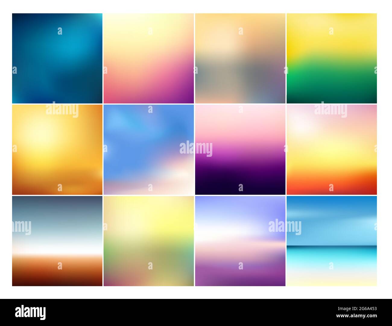 Illustrazione vettoriale insieme di 12 sfondi quadrati sfocati in colori pastello. Splendide sfumature di tramonto e mare sunrise offuscato sfondo collezione. Illustrazione Vettoriale
