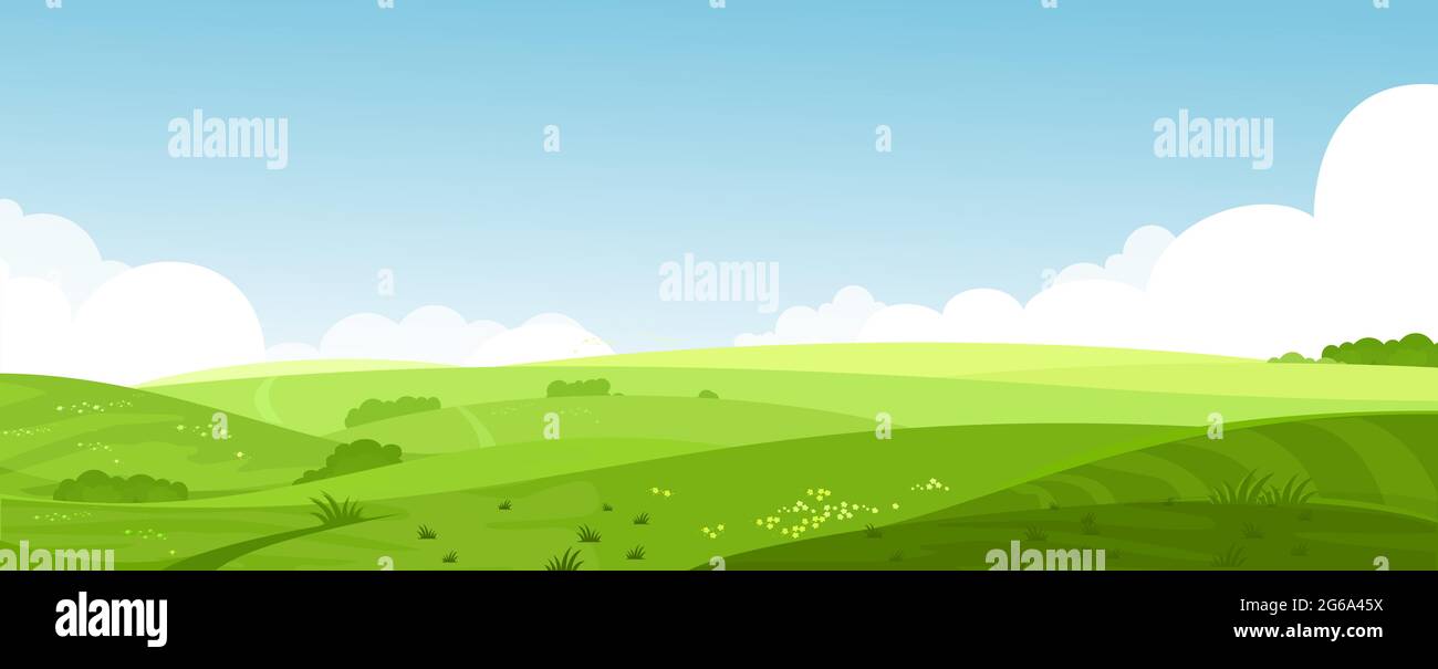Illustrazione vettoriale di splendidi campi estivi paesaggio con un'alba, colline verdi, cielo blu di colore brillante, fondo di campagna in stile cartoon piano Illustrazione Vettoriale