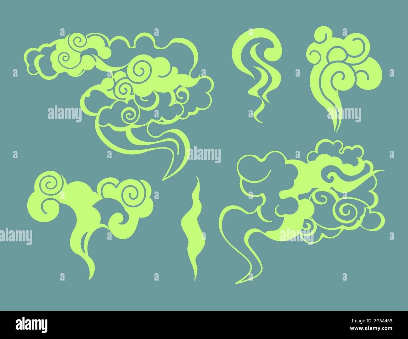 Illustrazione vettoriale del fumo di cartone animato, bolle di odore stinky, raccolta di flussi di aroma, colore verde tossico odore in stile piatto. Illustrazione Vettoriale