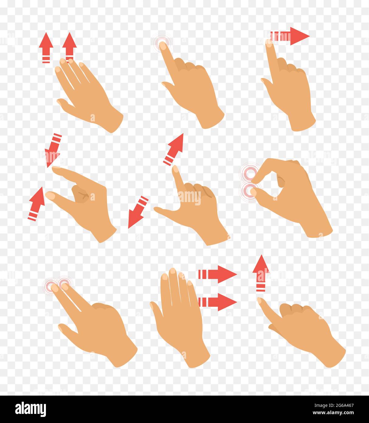 Illustrazione vettoriale insieme di icone di gesti per i dispositivi touch. Frecce del puntatore e mano, laptop e movimento. Le dita sono a contatto con il design piatto. Illustrazione Vettoriale