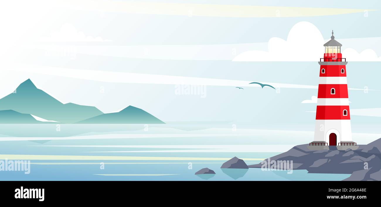 Faro con vista sull'oceano o sulla spiaggia di mare sullo sfondo in stile piatto. Illustrazione Vettoriale